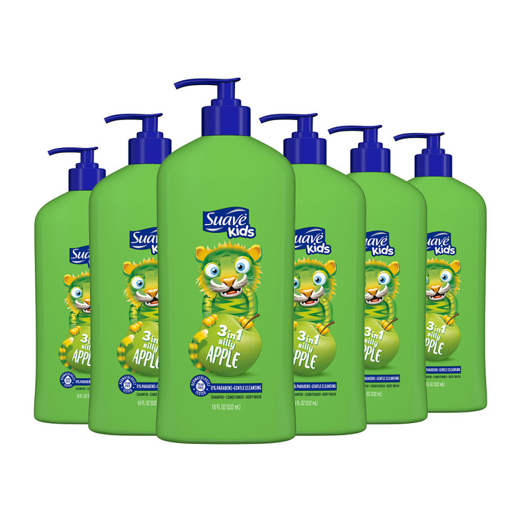 Suave Kids 3in1 Tear Free Body Wash Shampoo and Conditioners Dermartologist Tested Silly Apple 18 Oz Pack of 6