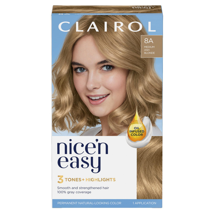 Clairol Nicen Easy Permanent Hair Dye 8A Medium Ash Blonde Hair Color Pack of 1