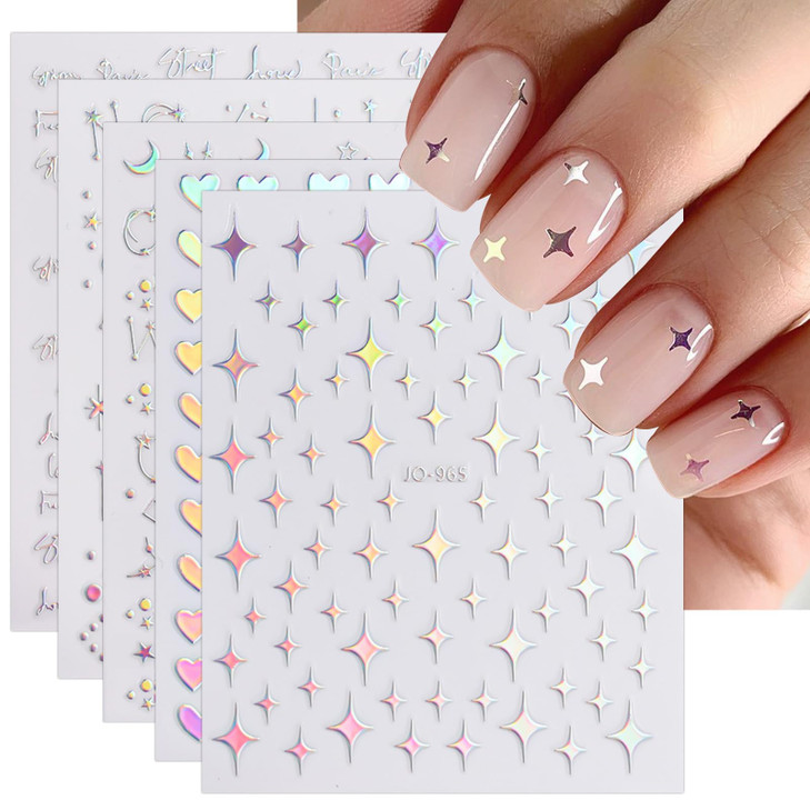 JMEOWIO 12 Sheets Aurora Nail Art Stickers Decals Self-Adhesive Pegatinas Uñas Glitter Holographic Star Heart Nail Supplies Nail Art Design Decoratio