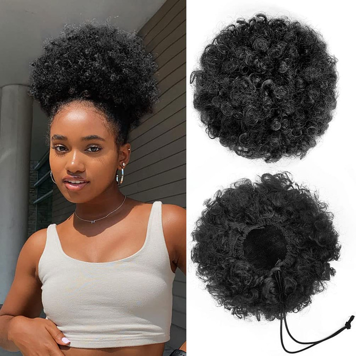YEAME Afro Puff Drawstring Ponytail for Black Women, Short Kinky Curly Afro Ponytail Synthetic Hair Puffs, Premium Black Afro Bun Drawstring Ponytail