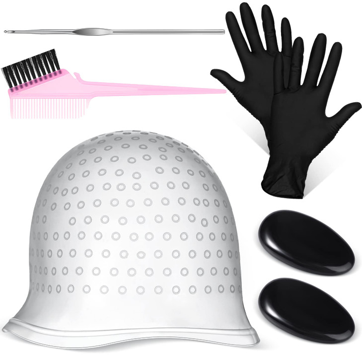 Hair Coloring Highlighting Set Silicone Highlight Cap and Hook 2 Pcs Black Hair Dye Gloves Dye Brush Ear Covers Reusable