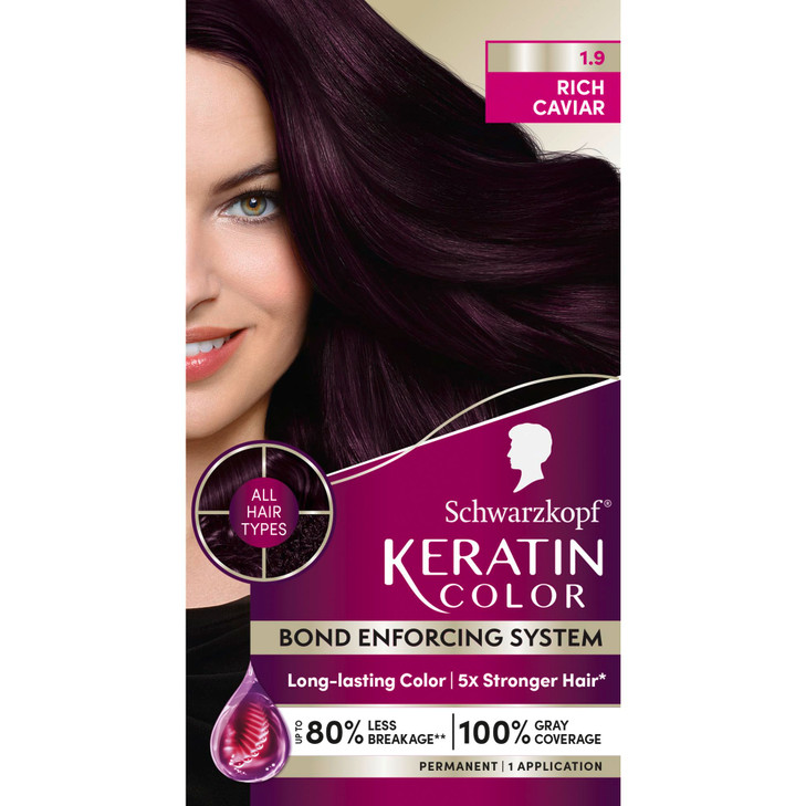 Schwarzkopf Keratin Permanent Hair Dye Cream 19 Rich Caviar Professional Quality Color for Up to 100 Gray Coverage Bond