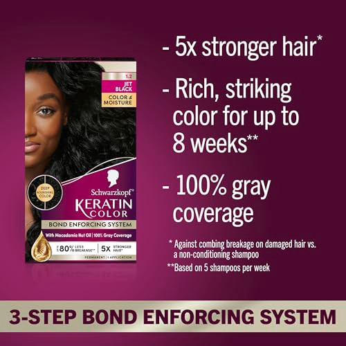 Schwarzkopf Keratin Permanent Hair Dye Cream 12 Jet Black Professional Quality Color for Up to 100 Gray Coverage Bond En