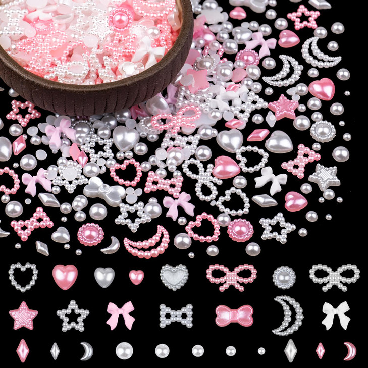600Pcs 3D Multi Shapes Nail Charms and Flatback Pearls, White Mix Styles Heart Star Bow Sunflower Embellishments for Nail Art, Craft and Decoration w