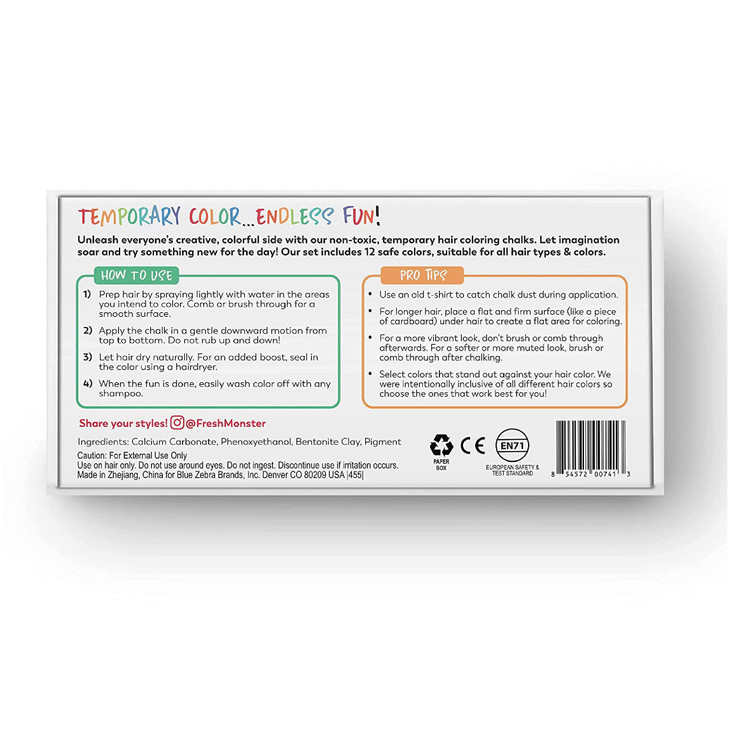 Fresh Monster Temporary Hair Coloring Chalk 12 Bright Colors Washes Out Easily Girls and Boys NonToxic and Safe for All