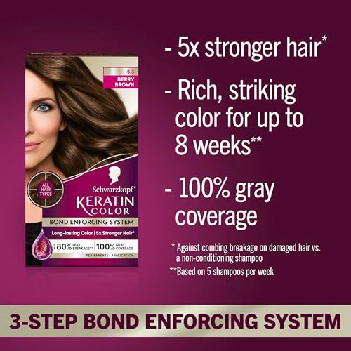 Schwarzkopf Keratin Permanent Hair Dye Cream 53 Berry Brown Professional Quality Color for Up to 100 Gray Coverage Bond