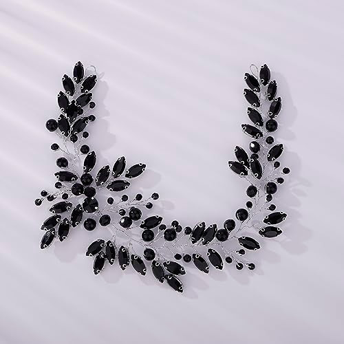 Kercisbeauty Black Rhinestones Beads Headband Hair Accessories Women Girls Halloween Black Hairpieces Handmade Jewelry