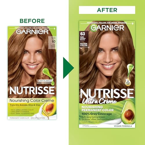 Garnier Nutrisse Ultra Crme Hair Color Permanent Hair Dye with 100 Gray Coverage Vegan CrueltyFree 63 Light Golden Brown