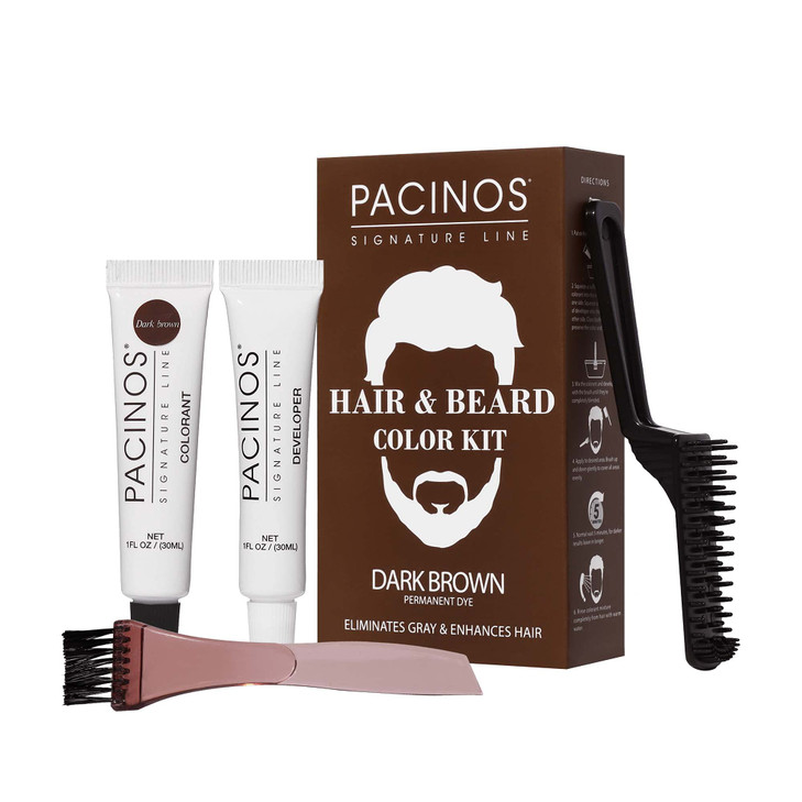 Pacinos Hair Beard Color Kit Dark Brown Hair Color For Men Eliminates Grays in 5 minutes Easy to Apply BrushIn Formula E