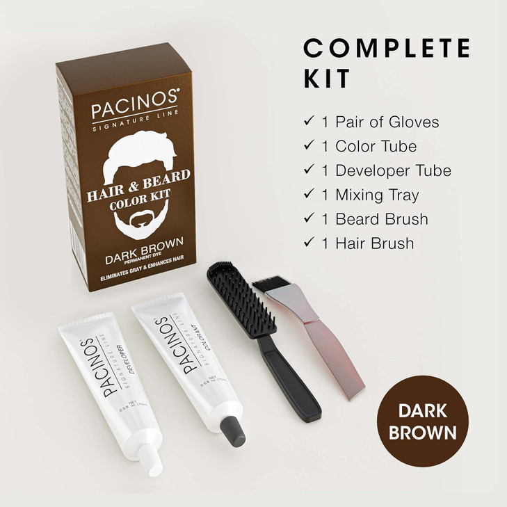 Pacinos Hair Beard Color Kit Dark Brown Hair Color For Men Eliminates Grays in 5 minutes Easy to Apply BrushIn Formula E