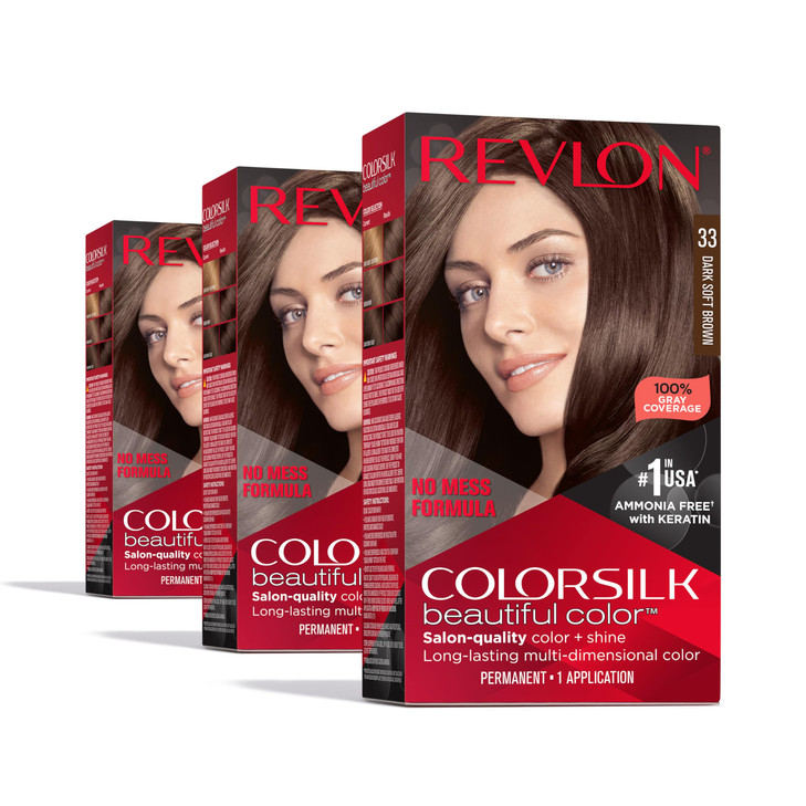 Revlon Colorsilk Beautiful Color Permanent Hair Color OLD VERSION 33 Dark Soft Brown Pack of 3