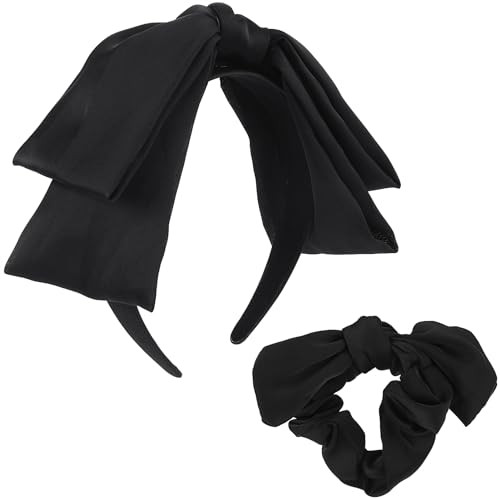 EYEOO 2PCS Bow Headbands Set - Black Big Knotted Headbands with Soft Scrunchies Bow Hair Hoop Top Knot Turban Hair Headband for Girls Teens Party Cos