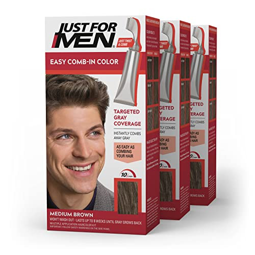Just For Men Easy CombIn Color Mens Hair Dye Easy No Mix Application with Comb Applicator Medium Brown A35 Pack of 3