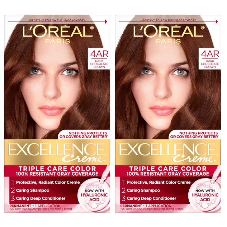 LOreal Paris Excellence Crme Permanent Hair Dye Triple Care Hair Color with Hyaluronic Acid for 100 Gray Coverage 4AR Da