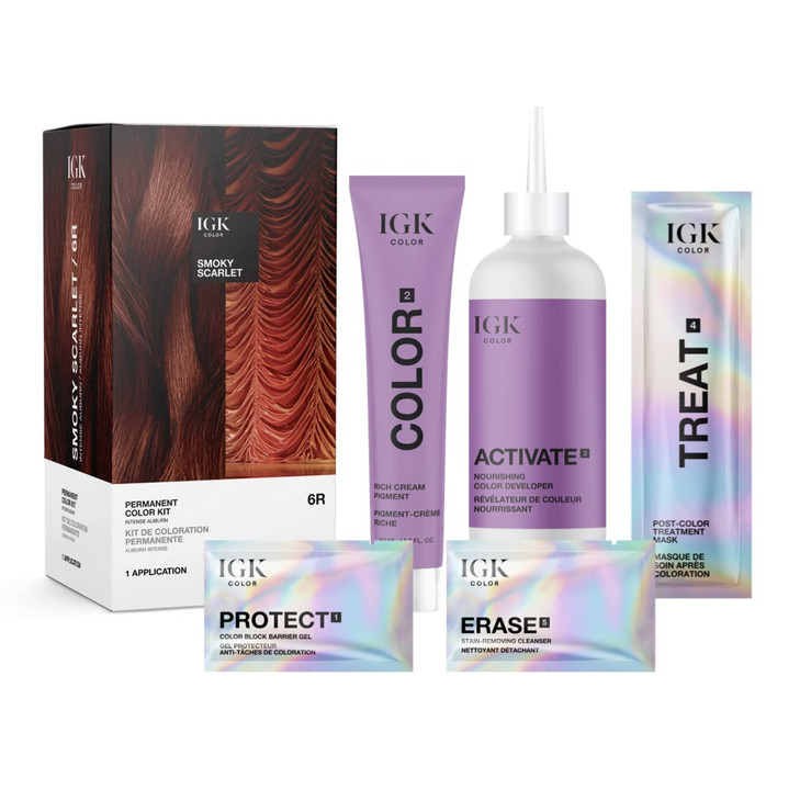 IGK Permanent Hair Dye Color Kit 6R Smoky Scarlet Intense Auburn 100 Gray Color Coverage Strengthen Shine Ammonia Free