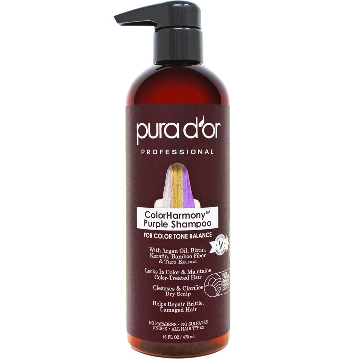 PURA DOR 16 Oz ColorHarmony Purple Shampoo For Bleached Blonde Silver Color Treated Hair Keratin Bamboo Fiber No Sulfate