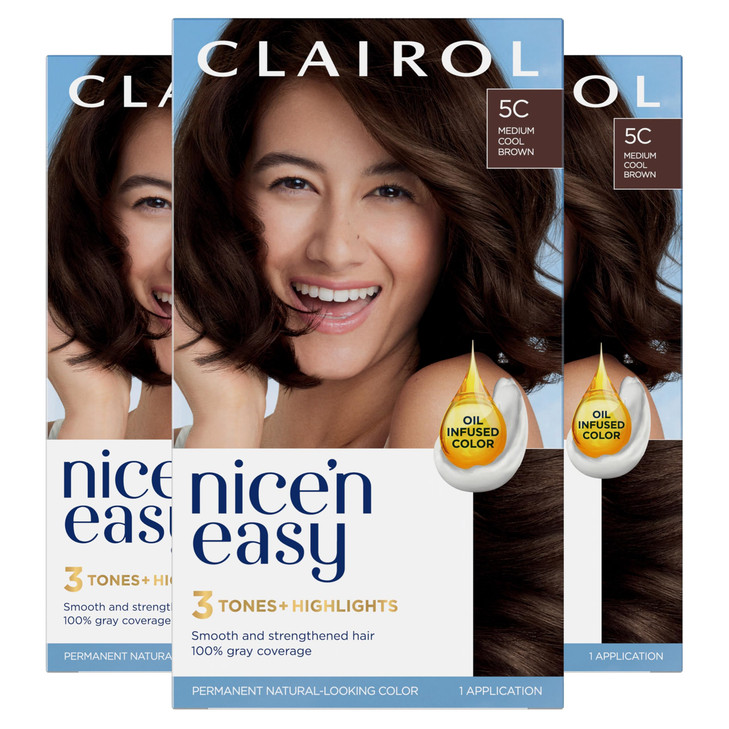 Clairol Nicen Easy Permanent Hair Dye 5C Medium Cool Brown Hair Color Pack of 3