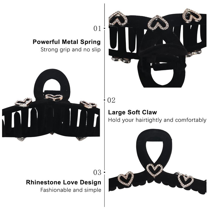AIUPUOC Heart Hair Claw Clips for Women Valentine Heart Rhinestone French Black Flocking Hair Clips for Thick Hair Non-slip Hair Barrettes Accessorie