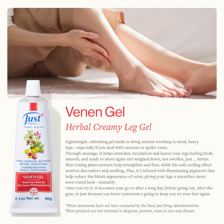 Swiss Just Original Horse Chestnut Venen Gel 60g Herbal Leg Cream for Tired Swollen Legs with Varicose Veins Enriched wi