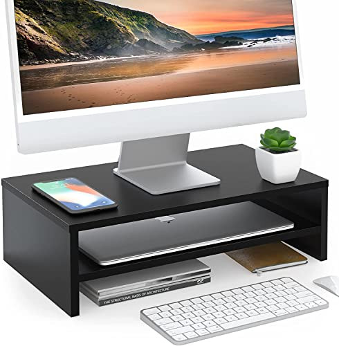 FITUEYES Monitor Stand 2 Tier Computer Monitor Riser Shelf Wood Desktop Stand for Laptop Computer Screen Desk Organizati