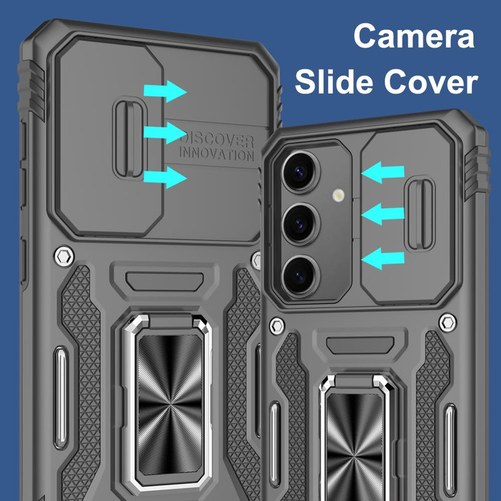 LEXNEC for Samsung Galaxy S24 Case with Sliding Camera Cover & Tempered Glass Screen Protector + Rotatable Ring Holder Kickstand Shockproof Slim Phon