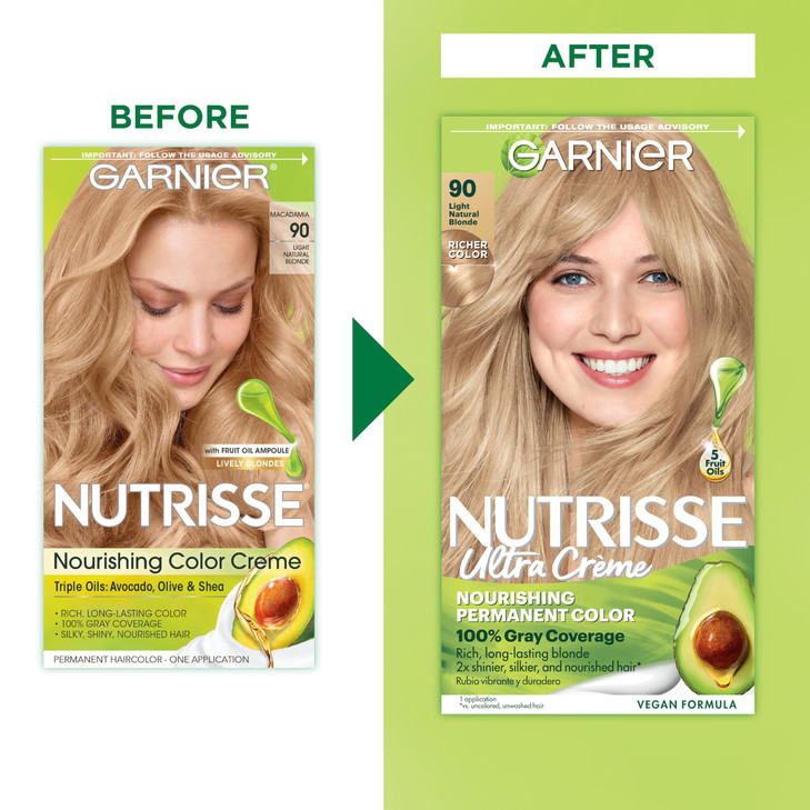 Garnier Nutrisse Ultra Crme Hair Color Permanent Hair Dye with 100 Gray Coverage Vegan CrueltyFree 90 Light Natural Blon