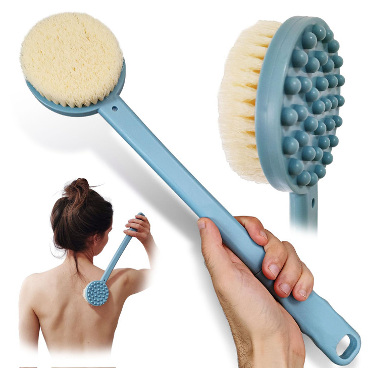 Bath Body Brush 15" Long Handle Back Shower Brush Exfoliating Back, Body and Feet Scrubber (Blue)