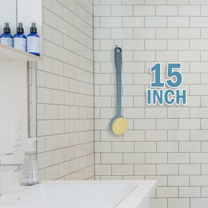 Bath Body Brush 15" Long Handle Back Shower Brush Exfoliating Back, Body and Feet Scrubber (Blue)