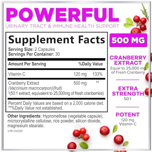 Cranberry Supplement Pills Extract from 25000mg - 3X Strength Concentrated Whole Fruit Cranberry with Vitamin C, Triple Strength for Cleanse & Urinar