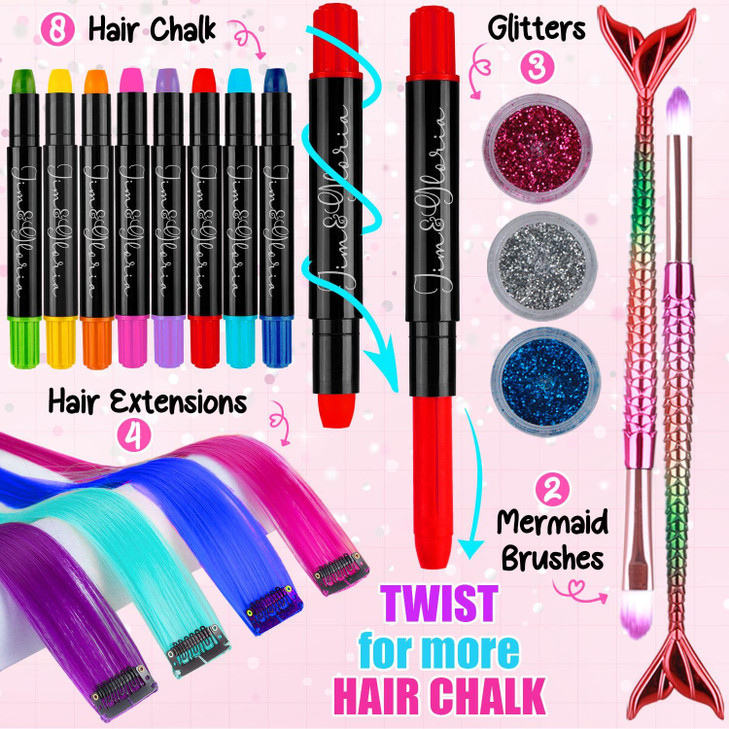 JimGloria Dustless Hair Chalk for Girls Washable with Clip in Hair Extensions Brushes and Glitters Temporary Color Dye G