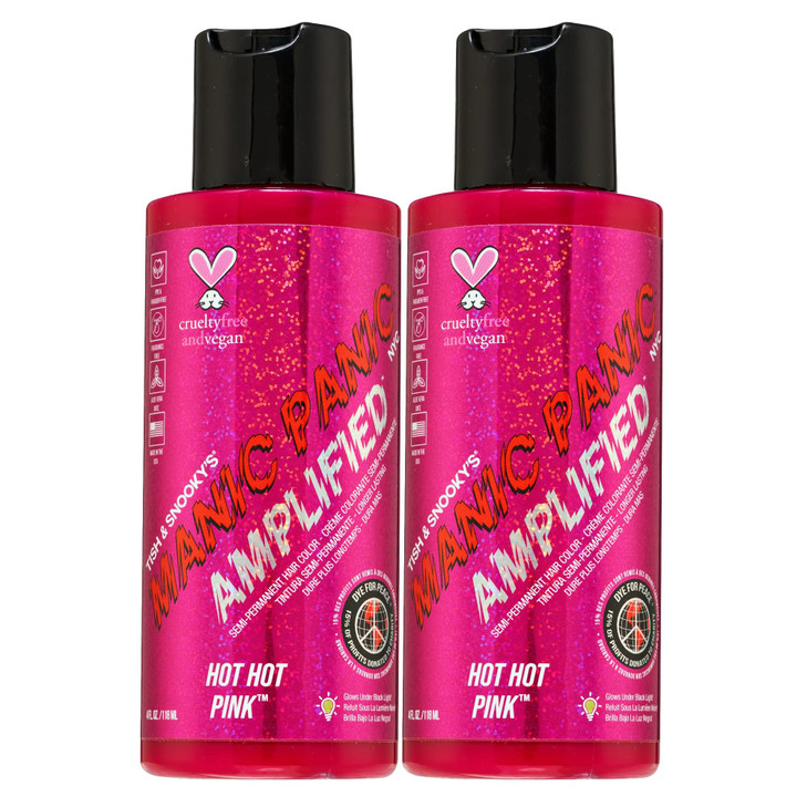 MANIC PANIC Hot Hot Pink Hair Color Amplified 2PK Semi Permanent Hair Dye Medium Pink Glows In Blacklight For Dark Light