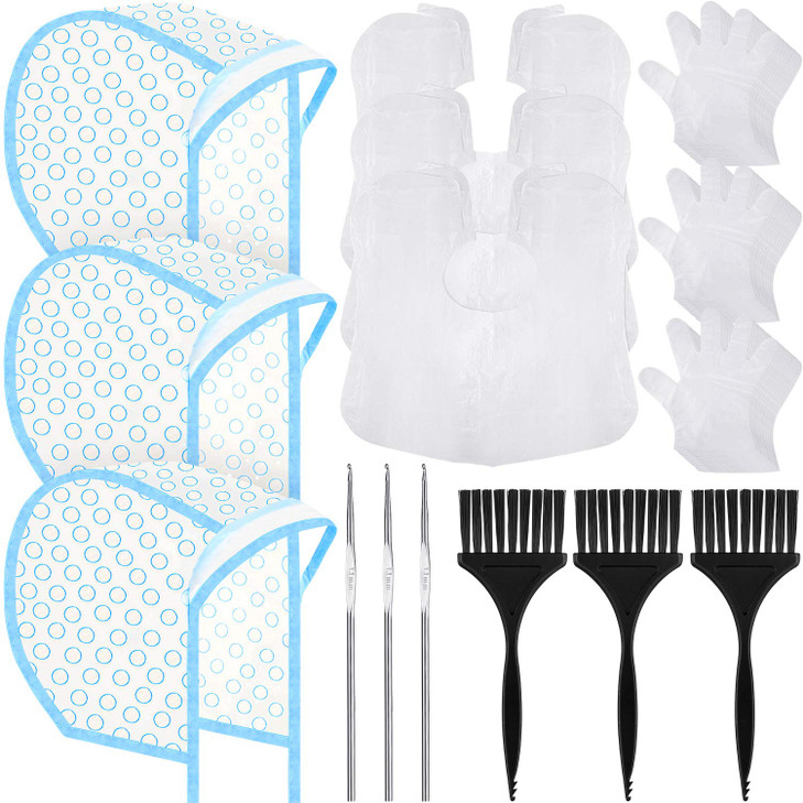 3 Sets Hair Coloring Kit Includes PVC Hair Coloring Caps with Styling Tools Disposable Dye Shawl Gloves Brushes for Dyei