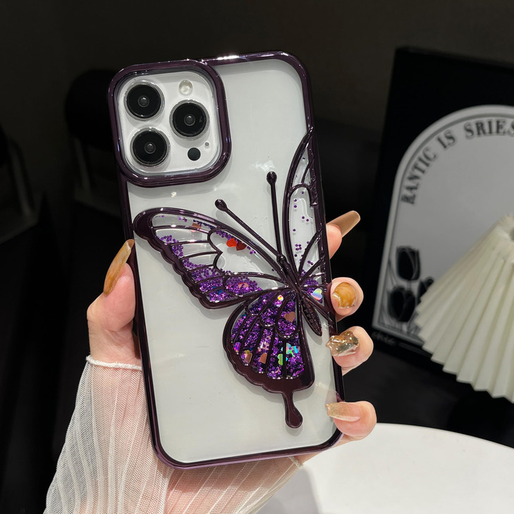 AuroiCCY for iPhone 16 Pro Max Case Cute Bling Glitter Girly Butterfly, Luxury Electroplate Flowing Liquid Aesthetic Women Cover with Bling Wrist Str