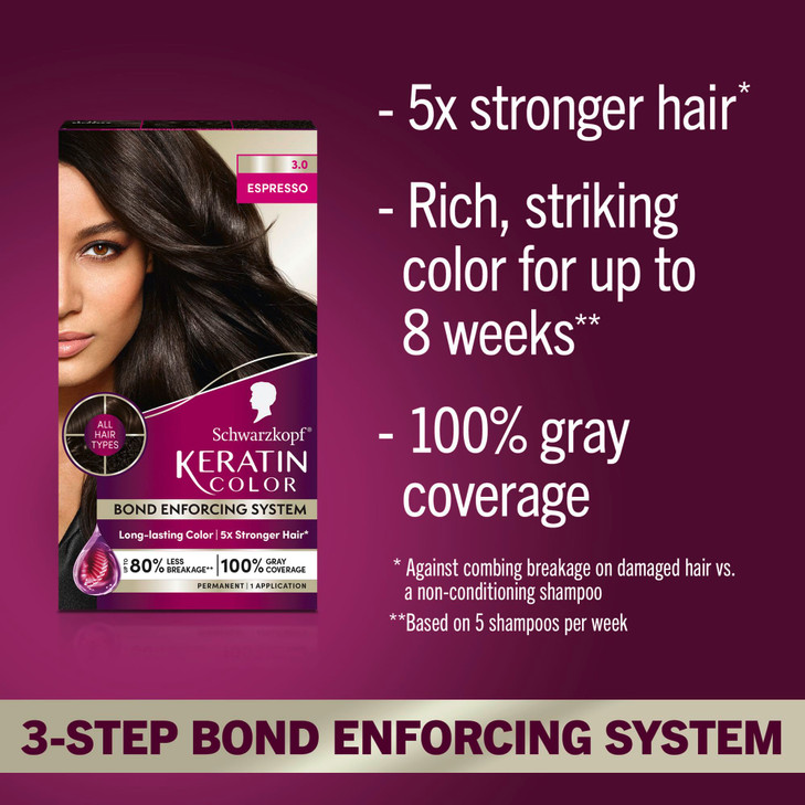Schwarzkopf Keratin Permanent Hair Dye Cream 30 Espresso Professional Quality Color for Up to 100 Gray Coverage Bond Enf