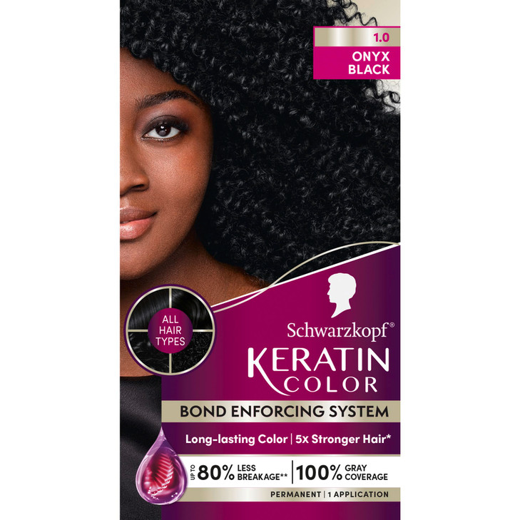 Schwarzkopf Keratin Permanent Hair Dye Cream 10 Black Onyx Professional Quality Color for Up to 100 Gray Coverage Bond E