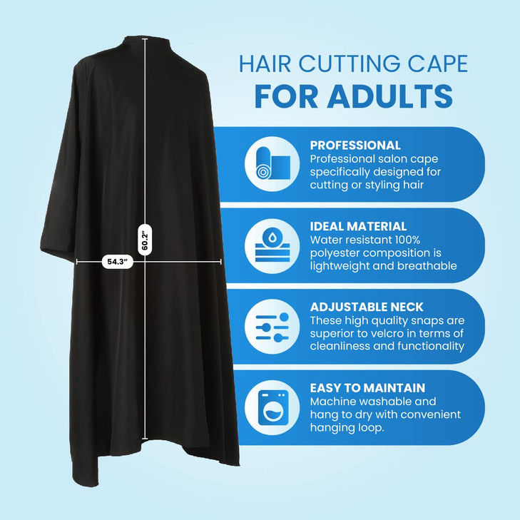 Hair Cutting Cape Large Lightweight Water Resistant Salon Cape with Snap Closure 60in x 575in for Adults Black