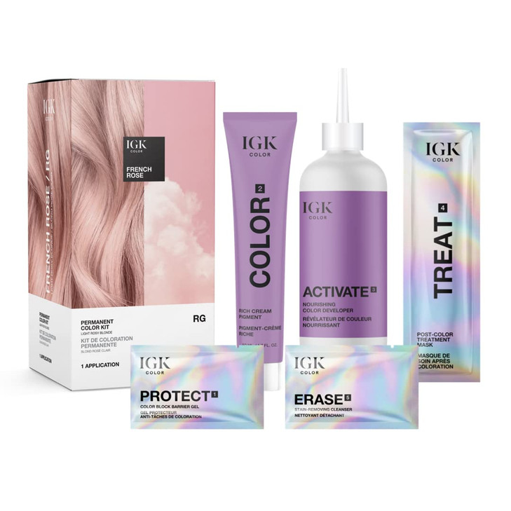 IGK Permanent Hair Dye Color Kit RG French Rose Light Rosy Blonde 100 Gray Color Coverage Strengthen Shine Ammonia Free