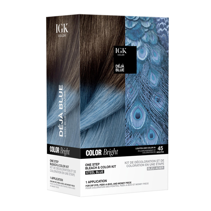 IGK Color Bright One Step Bleach Color Kit for Accent Pieces DEJA BLUE Steel Blue OneStep Color Processing Replenishes H