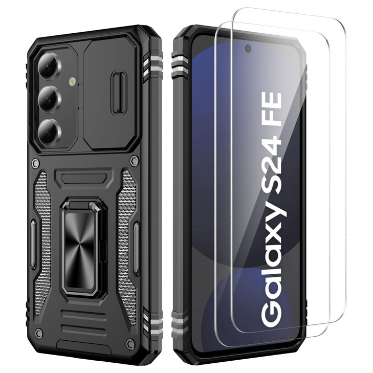 for Samsung Galaxy S24 FE Case with Slide Camera Cover + Screen Protector X2, Military Grade Shockproof Heavy Duty Protective Cover, Built in Rotatab