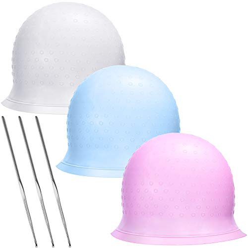 3 Pieces Reusable Silicone Hair Staining Cap Multicolor Hair Coloring Dye Cap with Metal Hook Silicone Hair Coloring Cap