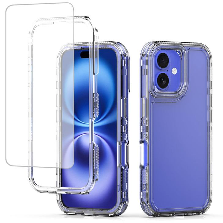 Ueokeird Case for iPhone 16 Plus Case with Tempered Glass Screen Protector, Clear Heavy Duty Full Body 3 Layer Protective Phone Cover for iPhone 16 P