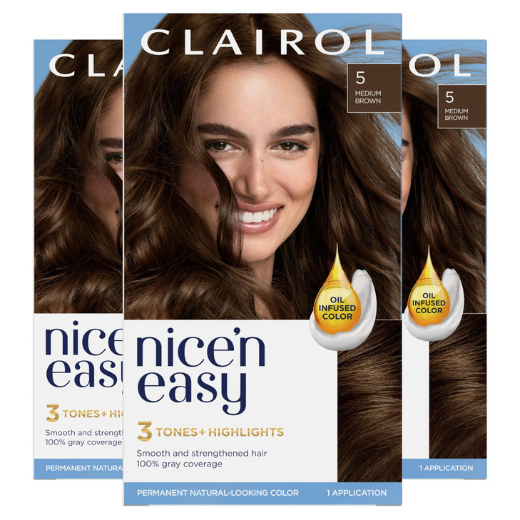 Clairol Nicen Easy Permanent Hair Dye 5 Medium Brown Hair Color Pack of 3