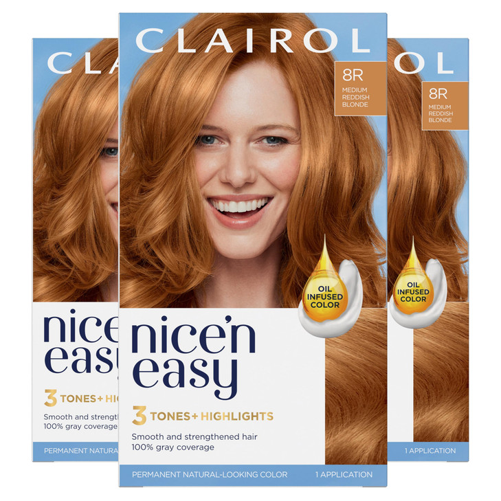 Clairol Nicen Easy Permanent Hair Dye 8R Medium Reddish Blonde Hair Color Pack of 3