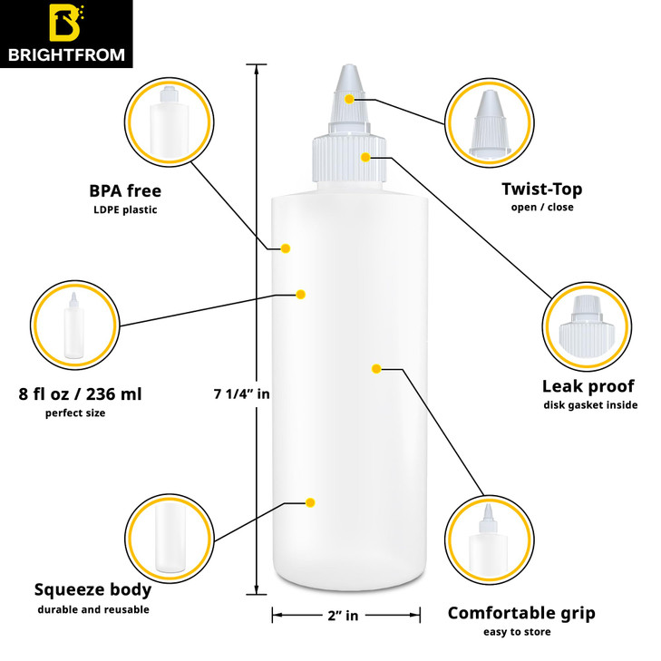 BRIGHTFROM Twist Top Applicator Bottles Squeeze 8 OZ Empty Hair Coloring Plastic Bottles Refillable Leak Proof OpenClose
