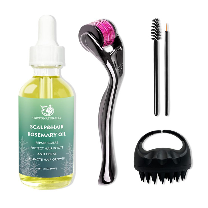 CrownNaturally 2 oz Rosemary Essentials Oil for Hair Growth Dry Scalp Treatment with Shampoo Brush for Head Massage Orga