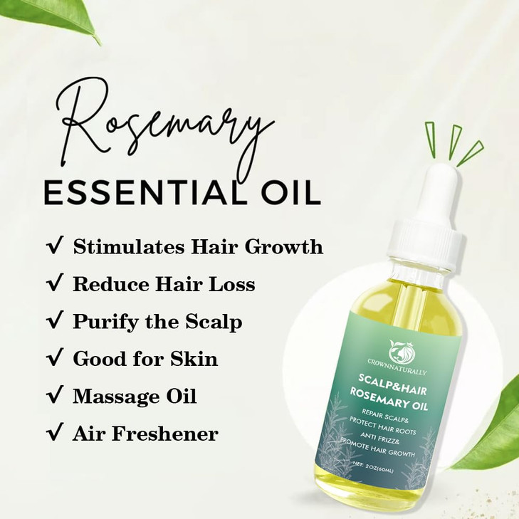 CrownNaturally 2 oz Rosemary Essentials Oil for Hair Growth Dry Scalp Treatment with Shampoo Brush for Head Massage Orga