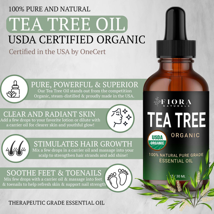 Tea Tree Oil 100 Pure Organic Tea Tree Essential Oil for Skin Face Hair Scalp Nails and Toenail Therapeutic Grade Tree T