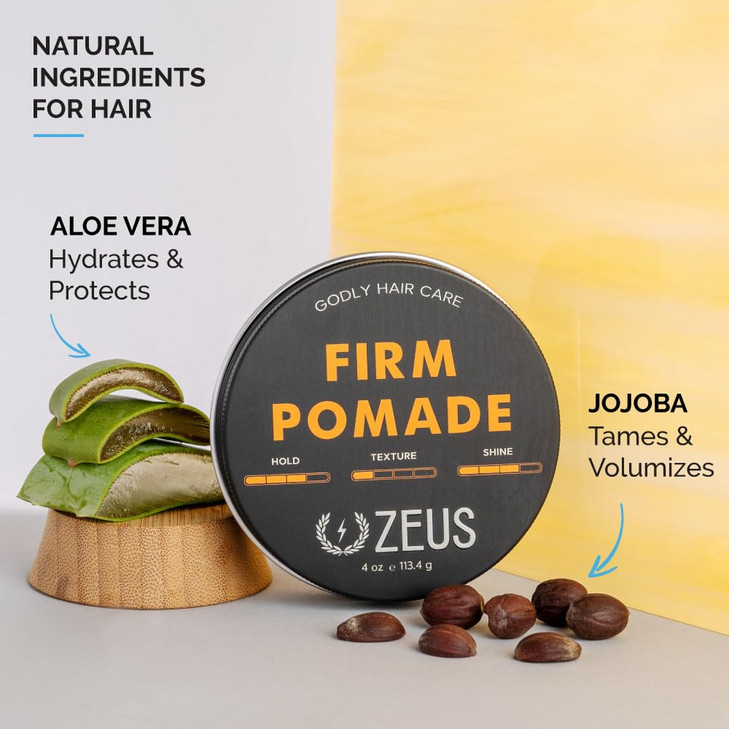 ZEUS Firm Hold Water Based Pomade for Men Natural Shine AllDay Hold Hair Styling Gel Made in USA 4 oz
