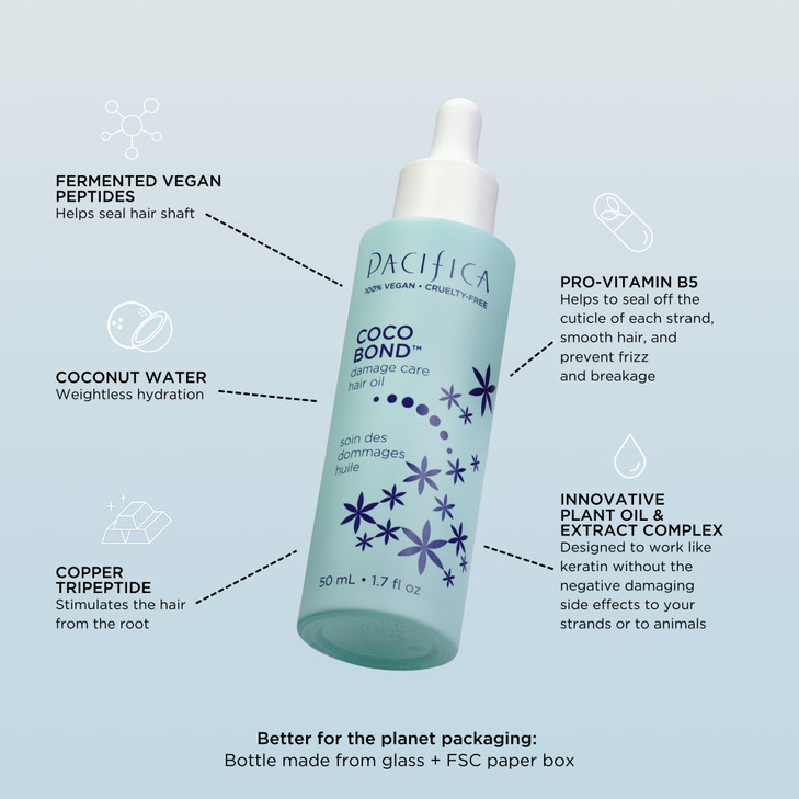 Pacifica Beauty Coco Bond Hair Oil Tame Flyaways Overnight Treatment with Vitamins Peptides Moisturizing Repair for Glos