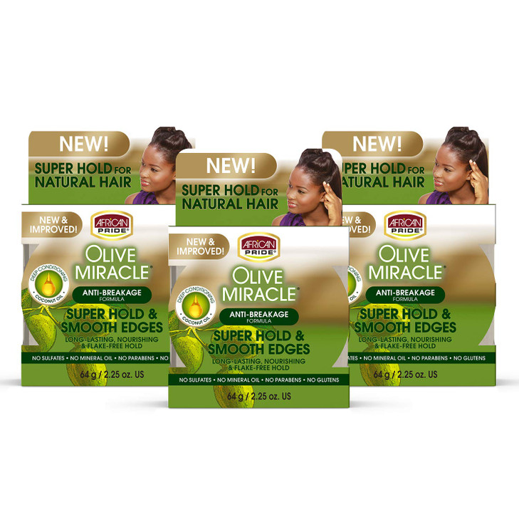 African Pride Olive Miracle Silky Smooth Edges 3 Pack Contains Olive and Coconut oil to reduce breakage and seal in mois